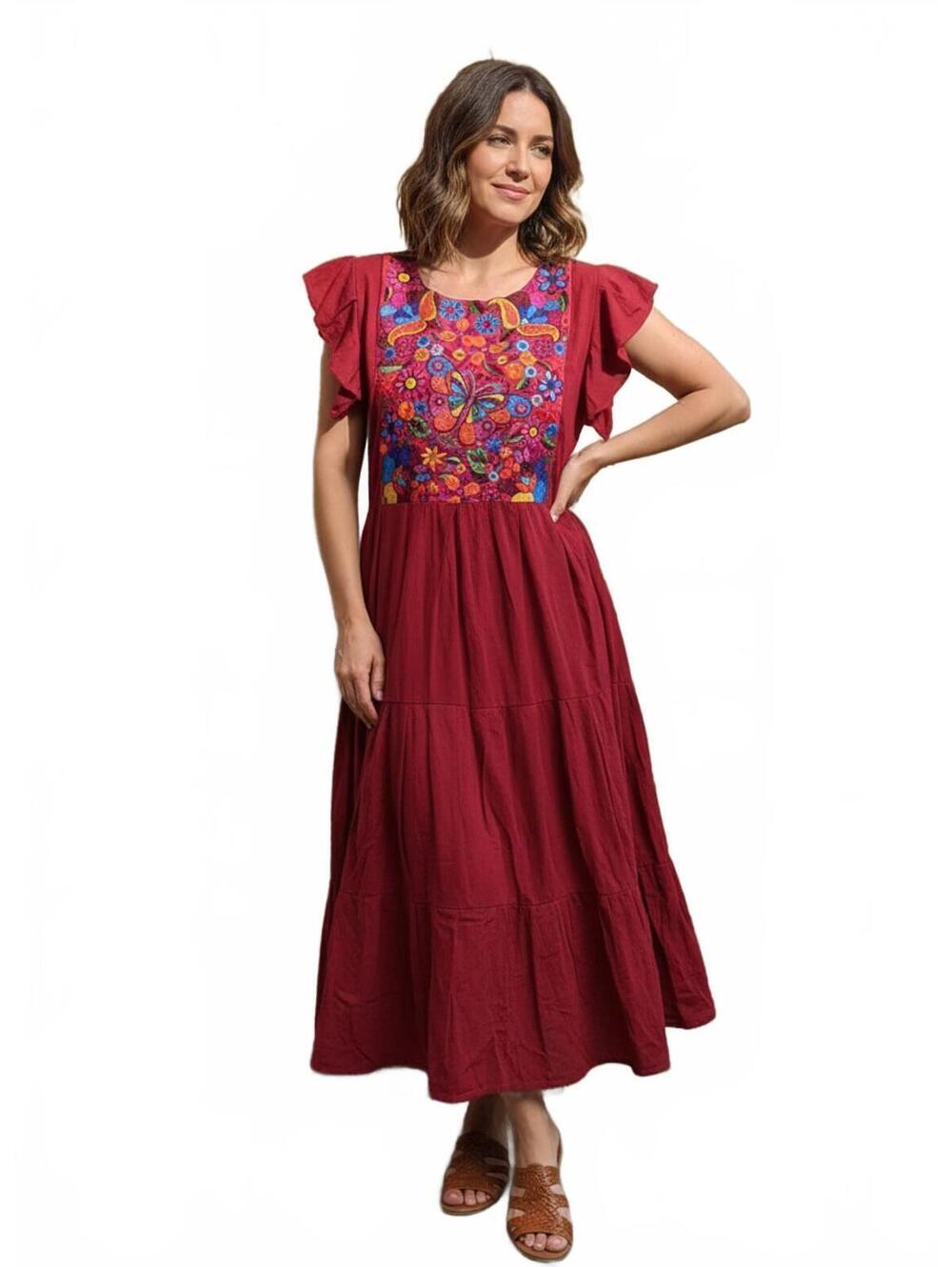 Bohemian Embroidered Burgundy Midi Dress Butterfly XL-2X